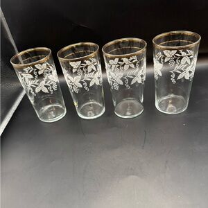 Vtg Bartlett  Collins Frosted Grape Vine 8 Oz Glass Tumblers Gold Rim Set of 4